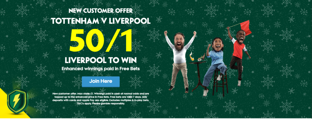 Paddy Power Sign Up Offer – Get 50/1 on Liverpool to win against Tottenham